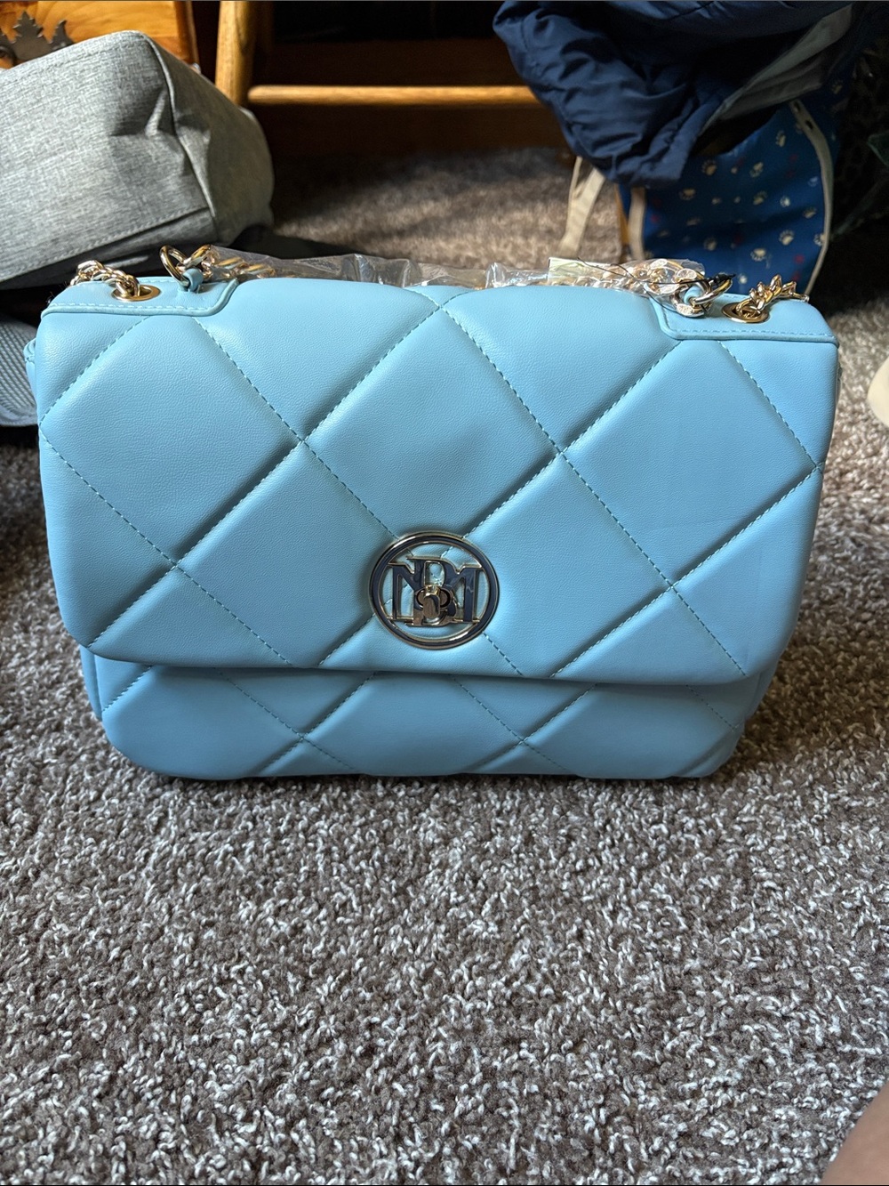 Quilted Sky Blue Chain Shoulder Bag with Silver Hardware